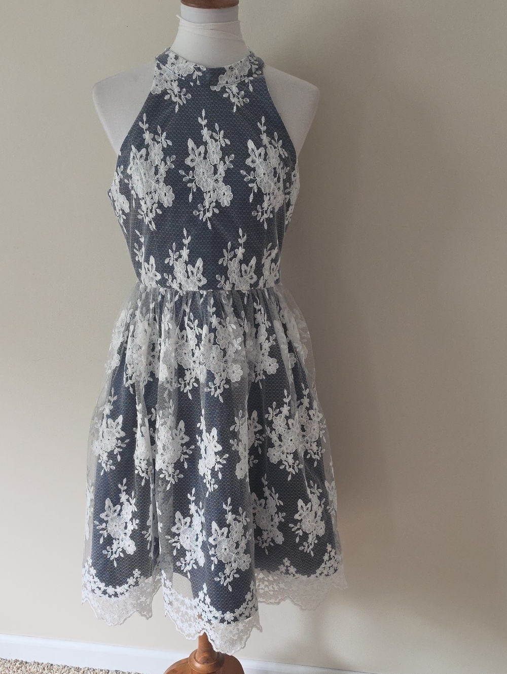 Liza Luxe Navy and White Lace Halter Fit-and-Flare Dress Brand New